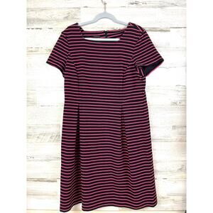 Talbots Women 14 Black Pink Stripe Short Sleeve Knit Stretch A-Line Mini Dress